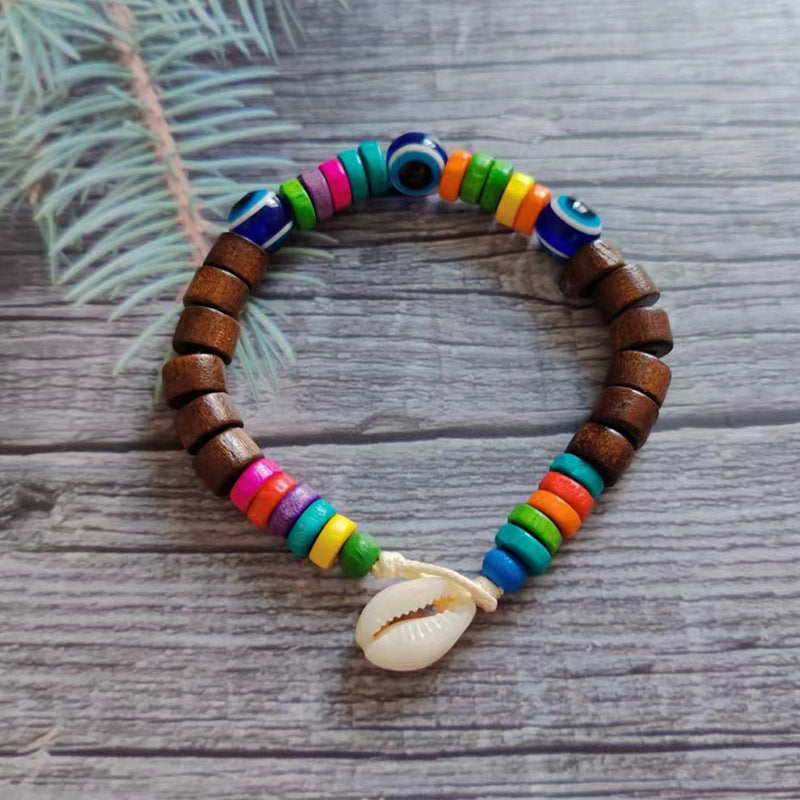 Wholesale Devil's Eye Colored Wood Beads Natural Shell Bracelet Rope